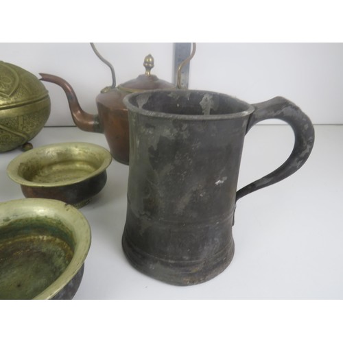 223 - METALWARE COLLECTABLES INCLUDES COPPER KETTLE SET OF FOUR TIBETAN BOWLS, NIGERIAN BRASS BOWL AND A P... 