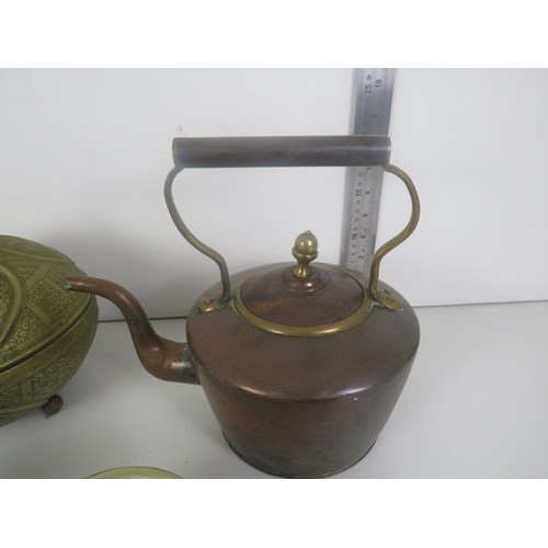 223 - METALWARE COLLECTABLES INCLUDES COPPER KETTLE SET OF FOUR TIBETAN BOWLS, NIGERIAN BRASS BOWL AND A P... 