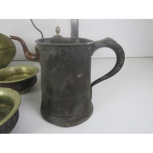 223 - METALWARE COLLECTABLES INCLUDES COPPER KETTLE SET OF FOUR TIBETAN BOWLS, NIGERIAN BRASS BOWL AND A P... 