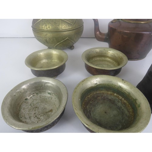 223 - METALWARE COLLECTABLES INCLUDES COPPER KETTLE SET OF FOUR TIBETAN BOWLS, NIGERIAN BRASS BOWL AND A P... 