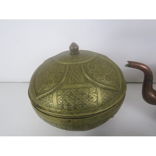 223 - METALWARE COLLECTABLES INCLUDES COPPER KETTLE SET OF FOUR TIBETAN BOWLS, NIGERIAN BRASS BOWL AND A P... 