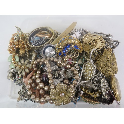 217 - TUB OF COSTUME JEWELLERY INCLUDES VINTAGE BROOCHESM WATCHES, NECKLACES, BRACELET ETC