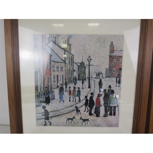 336 - 6 x SMALL FRAMED LOWRY PRINTS AND GIRAFFE CANVAS, COW AND PIG PICTURES AND GROSVENOR STAND