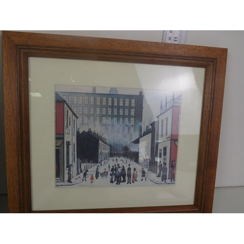 336 - 6 x SMALL FRAMED LOWRY PRINTS AND GIRAFFE CANVAS, COW AND PIG PICTURES AND GROSVENOR STAND