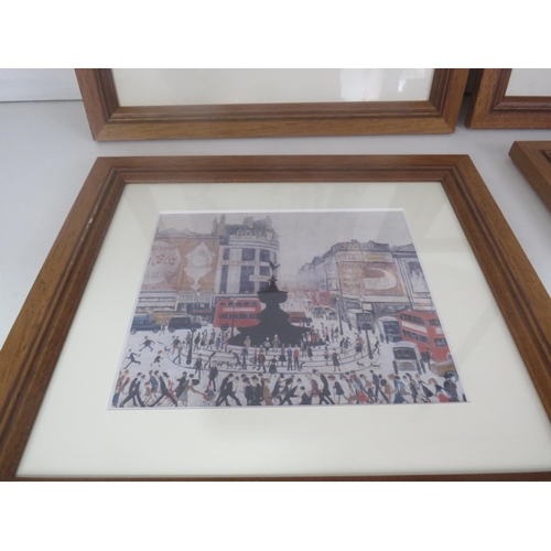 336 - 6 x SMALL FRAMED LOWRY PRINTS AND GIRAFFE CANVAS, COW AND PIG PICTURES AND GROSVENOR STAND