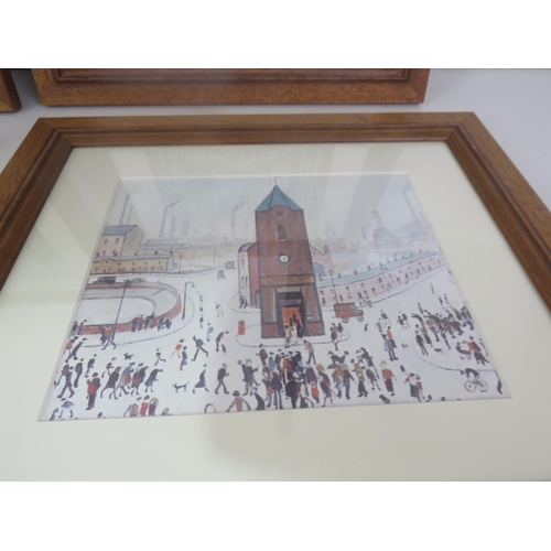 336 - 6 x SMALL FRAMED LOWRY PRINTS AND GIRAFFE CANVAS, COW AND PIG PICTURES AND GROSVENOR STAND