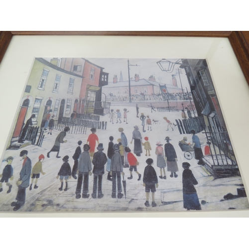 336 - 6 x SMALL FRAMED LOWRY PRINTS AND GIRAFFE CANVAS, COW AND PIG PICTURES AND GROSVENOR STAND