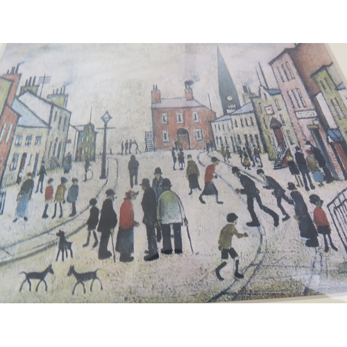 336 - 6 x SMALL FRAMED LOWRY PRINTS AND GIRAFFE CANVAS, COW AND PIG PICTURES AND GROSVENOR STAND