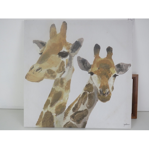 336 - 6 x SMALL FRAMED LOWRY PRINTS AND GIRAFFE CANVAS, COW AND PIG PICTURES AND GROSVENOR STAND