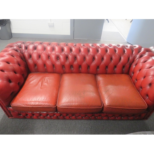 341 - THREE SEATER RED LEATHER CHESTERFIELD