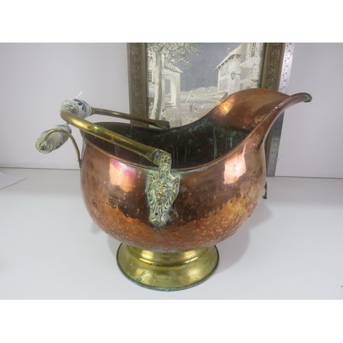 287 - VINTAGE COPPER AND BRASS COAL SCUTTLE WITH CERAMIC HANDLES AND A BRASS FIRESCREEN