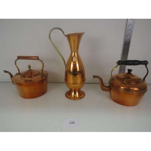 348 - TWO COPPER KETTLES AND A COPPER EWER