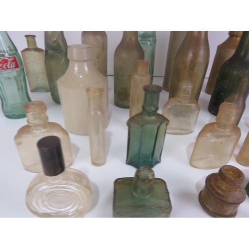 349 - COLLECTION OF OLD BOTTLES INCLUDES WAKEFIELD STONEWARE BOTTLE,THOMAS BARKER PONTEFRACT MARBLE COD BO... 