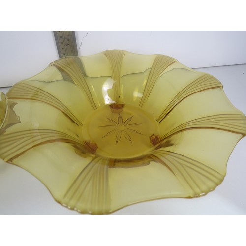 351 - 3 x AMBER GLASS PLATES/DISHES AND AN ART GLASS DOLPHIN