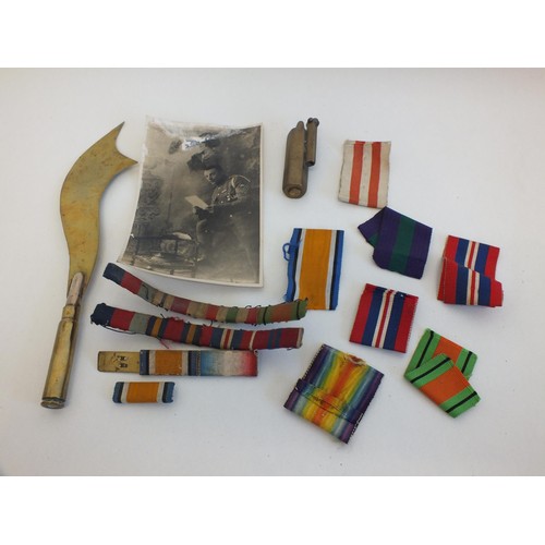 272 - MILITARIA INCLUDES TRENCH ART LETTER OPENER, MEDAL RIBBONS & BARS, TRENCH ART LIGHTER AND A PHOTOGRA... 