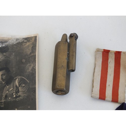 272 - MILITARIA INCLUDES TRENCH ART LETTER OPENER, MEDAL RIBBONS & BARS, TRENCH ART LIGHTER AND A PHOTOGRA... 