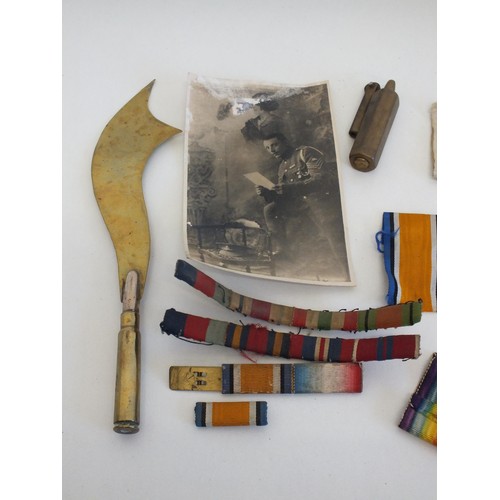 272 - MILITARIA INCLUDES TRENCH ART LETTER OPENER, MEDAL RIBBONS & BARS, TRENCH ART LIGHTER AND A PHOTOGRA... 