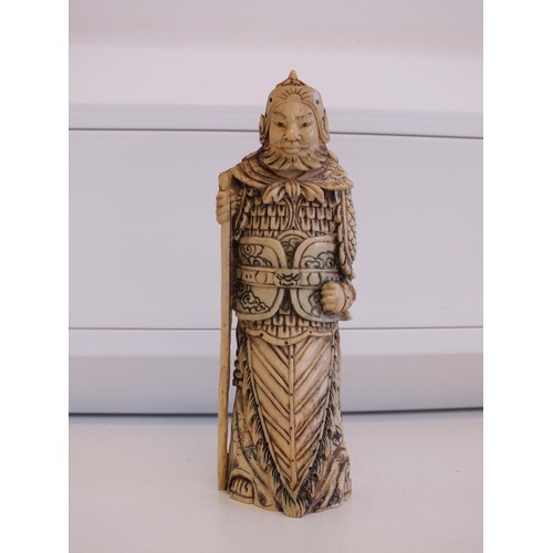 275 - ORIENTAL CHINESE BONE CARVED WARRIOR FIGURE height 12.5cms