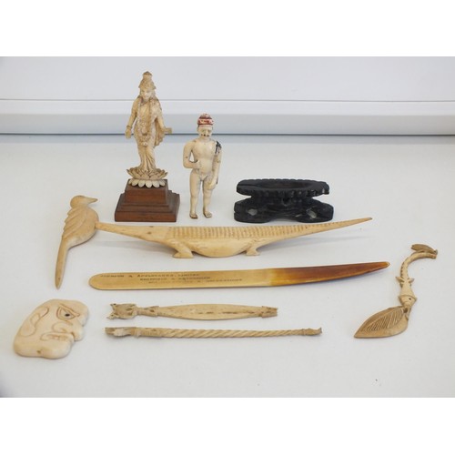 276 - COLLECTION OF CARVED BONE & HORN PIECES INCLUDES LETTER OPENERS, FIGURES etc