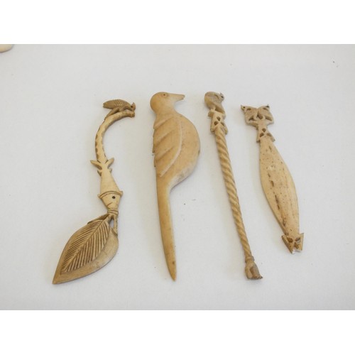 276 - COLLECTION OF CARVED BONE & HORN PIECES INCLUDES LETTER OPENERS, FIGURES etc