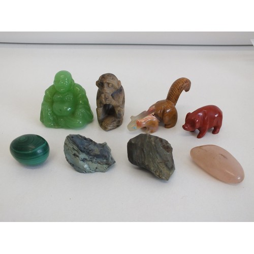 278 - COLLECTION OF GEMSTONES, CARVED GEMSTONES ANIMALS & JADE BUDDHA INCLUDES MALACHITE  EGG