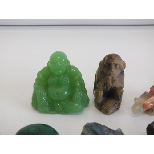 278 - COLLECTION OF GEMSTONES, CARVED GEMSTONES ANIMALS & JADE BUDDHA INCLUDES MALACHITE  EGG