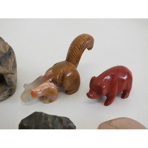 278 - COLLECTION OF GEMSTONES, CARVED GEMSTONES ANIMALS & JADE BUDDHA INCLUDES MALACHITE  EGG