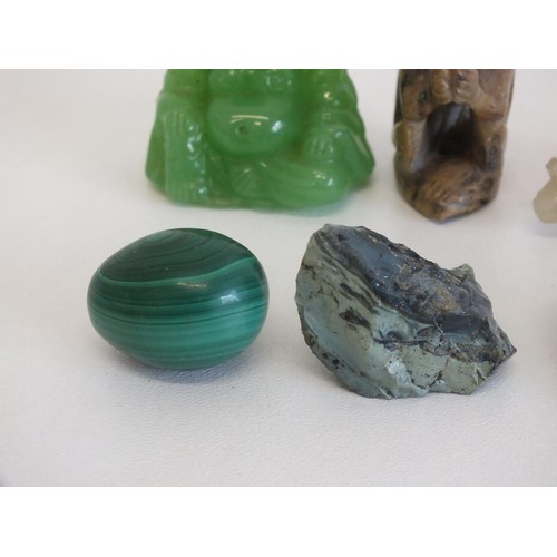 278 - COLLECTION OF GEMSTONES, CARVED GEMSTONES ANIMALS & JADE BUDDHA INCLUDES MALACHITE  EGG