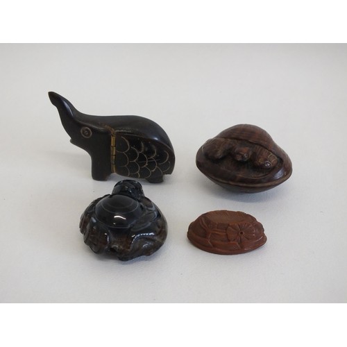 283 - CARVED WOODEN ELEPHANT SNUFF BOX, CARVED NUT TURTLE NETSUKE, CARVED GEMSTONE PENDANT and NUT KERNEL ... 