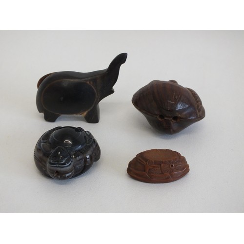 283 - CARVED WOODEN ELEPHANT SNUFF BOX, CARVED NUT TURTLE NETSUKE, CARVED GEMSTONE PENDANT and NUT KERNEL ... 