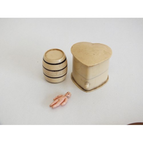 284 - ANTIQUE CELLULOID HEART SHAPE RING BOX, SMALL WOODEN STACKING TRINKET BOX and MINIATURE BARREL and B... 