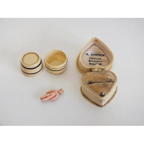 284 - ANTIQUE CELLULOID HEART SHAPE RING BOX, SMALL WOODEN STACKING TRINKET BOX and MINIATURE BARREL and B... 