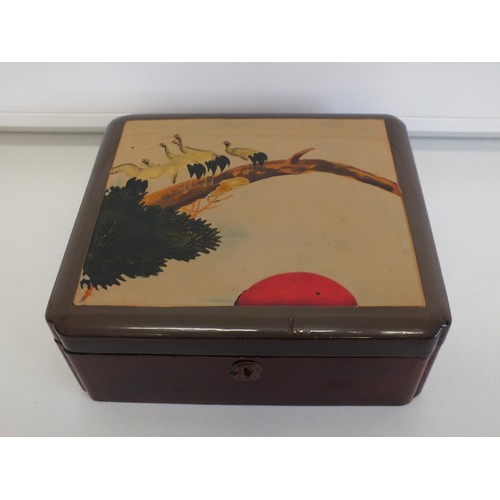 96 - JAPANESE HAND PAINTED WOODEN BOX FULL OF JEWELLERY AND TRINKETS INCLUDES BANGLES, BROOCHES, CUFFLINK... 