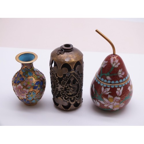 243 - MINIATURE CHINESE CLOISONNE ENAMEL VASE, CLOISONNE ENAMEL PEAR SHAPE TRINKET POT and A CHINESE METAL... 