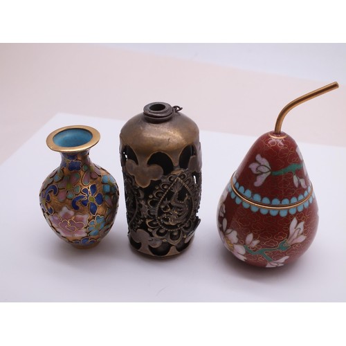 243 - MINIATURE CHINESE CLOISONNE ENAMEL VASE, CLOISONNE ENAMEL PEAR SHAPE TRINKET POT and A CHINESE METAL... 