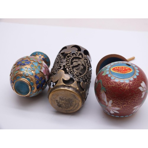 243 - MINIATURE CHINESE CLOISONNE ENAMEL VASE, CLOISONNE ENAMEL PEAR SHAPE TRINKET POT and A CHINESE METAL... 