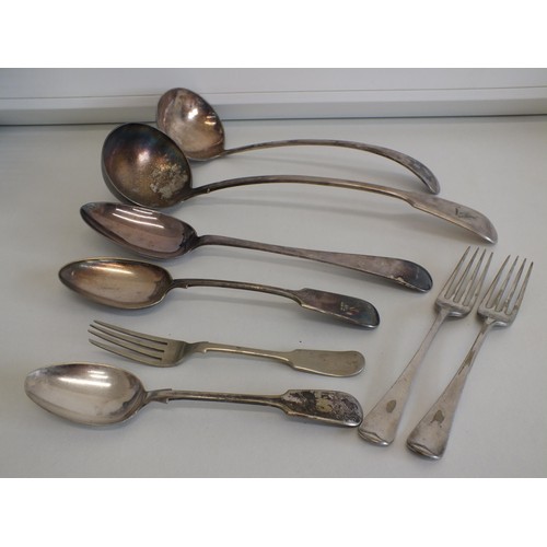 376 - TWO LARGE ANTIQUE SILVER PLATED LADLES INCLUDES MAPPIN & WEBB and A SELECTION OF OF DESSERT SPOONS &... 