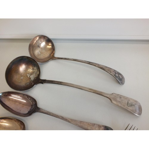 376 - TWO LARGE ANTIQUE SILVER PLATED LADLES INCLUDES MAPPIN & WEBB and A SELECTION OF OF DESSERT SPOONS &... 