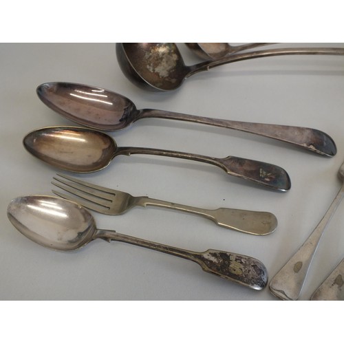 376 - TWO LARGE ANTIQUE SILVER PLATED LADLES INCLUDES MAPPIN & WEBB and A SELECTION OF OF DESSERT SPOONS &... 