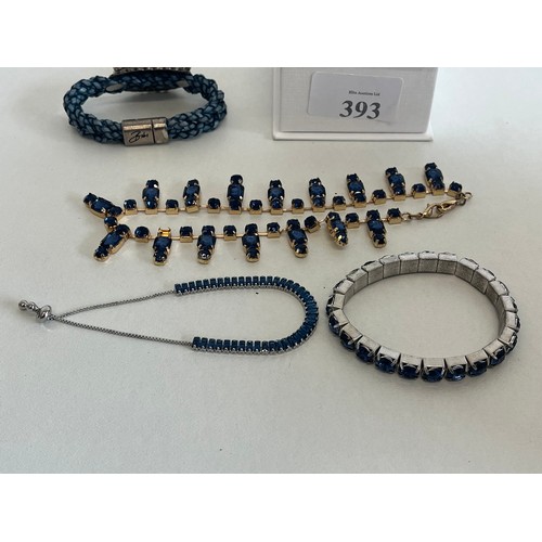 393 - SELECTION OF BLUE STONES COSTUME JEWELLERY PLUS DESIGNER STAMPED BRACELET