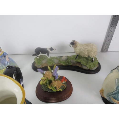 352 - TWO TRAYS OF CERAMICS INCLUDES TEVIOTDALE SHEEPDOG FIGURE, TOBY JUGS PORT MERRION CLOCK ETC