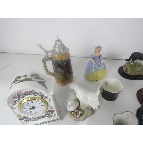 352 - TWO TRAYS OF CERAMICS INCLUDES TEVIOTDALE SHEEPDOG FIGURE, TOBY JUGS PORT MERRION CLOCK ETC