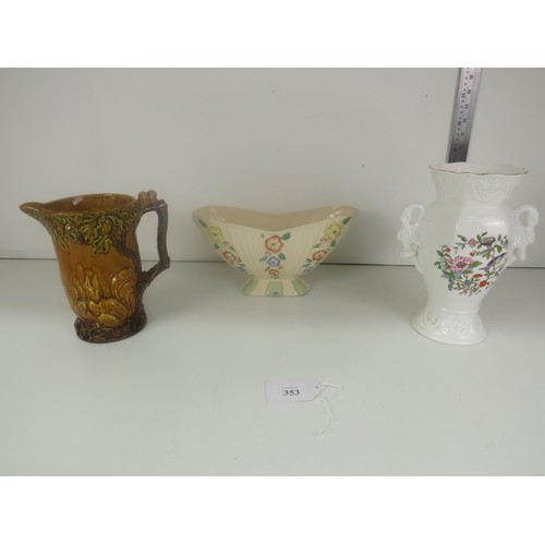 353 - WADEHEATH SQUIRREL AND OAK TREE JUG, AYNSLEY MILLENIUM DAFFODIL VASE, STONEWARE BOWL AND VASE PLANTE... 