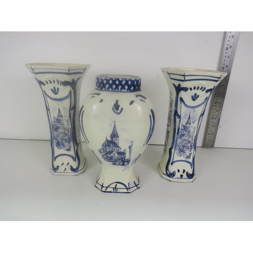 359 - PAIR OF BLUE AND WHITE DELFT VASES AND OTHER DELFT VASE