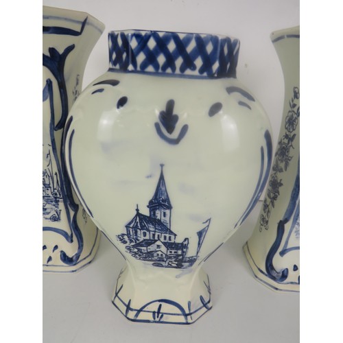 359 - PAIR OF BLUE AND WHITE DELFT VASES AND OTHER DELFT VASE