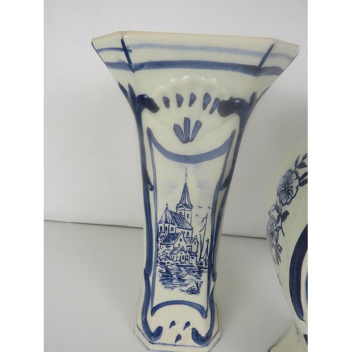 359 - PAIR OF BLUE AND WHITE DELFT VASES AND OTHER DELFT VASE