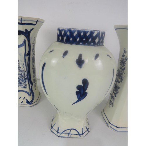 359 - PAIR OF BLUE AND WHITE DELFT VASES AND OTHER DELFT VASE