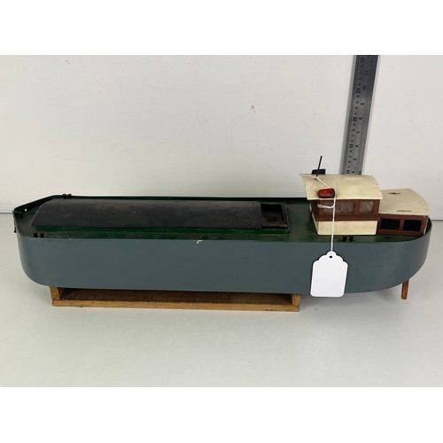 354 - HANDMADE WOODEN MODEL BARGE BOAT ON A WOODEN STAND