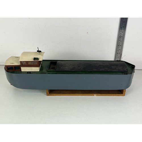 354 - HANDMADE WOODEN MODEL BARGE BOAT ON A WOODEN STAND