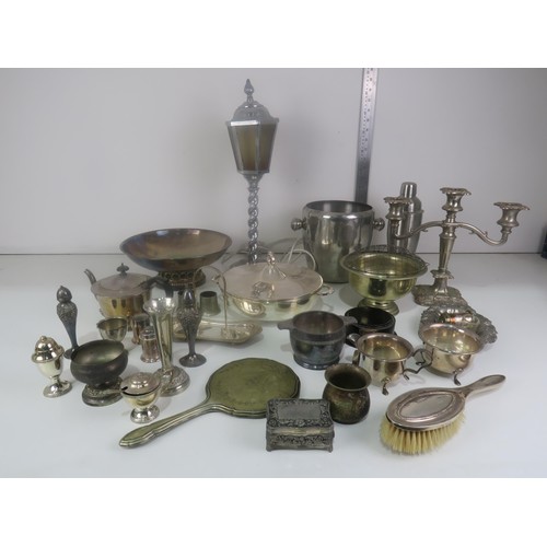 369 - BOX OF METALWARE INCLUDES CANDLEABRA, CRUET SETS, MILKJUG, SUGAR BOWL, ICE BUCKET, COCKTAIL SHAKER e... 